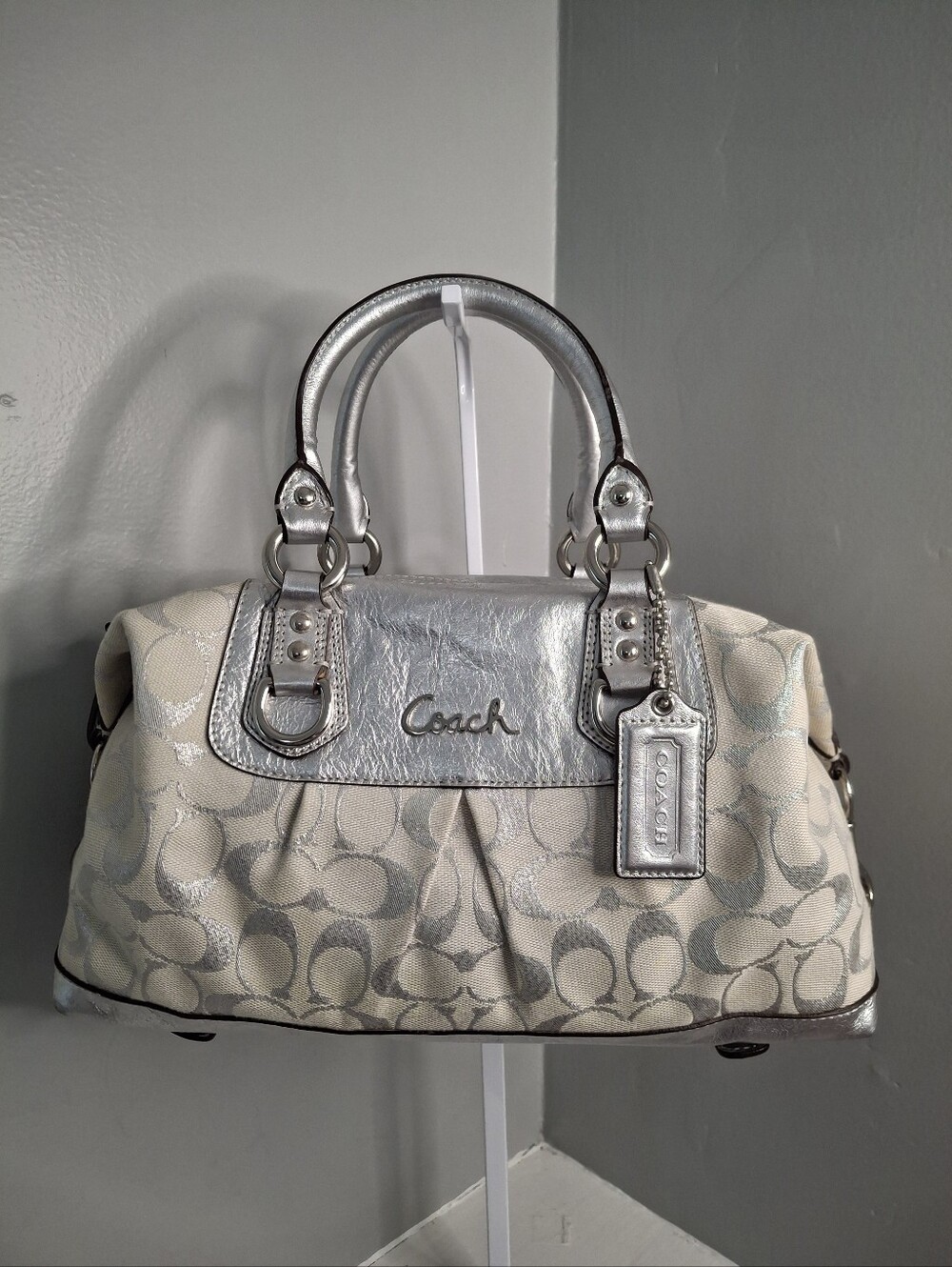 Coach Ashley Signature Metallic Silver Satchel Bag F15804 EUC